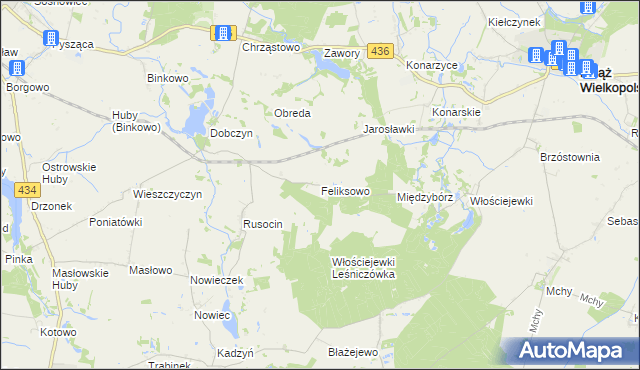 mapa Feliksowo gmina Książ Wielkopolski, Feliksowo gmina Książ Wielkopolski na mapie Targeo