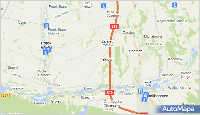 mapa Felinów gmina Modliborzyce, Felinów gmina Modliborzyce na mapie Targeo