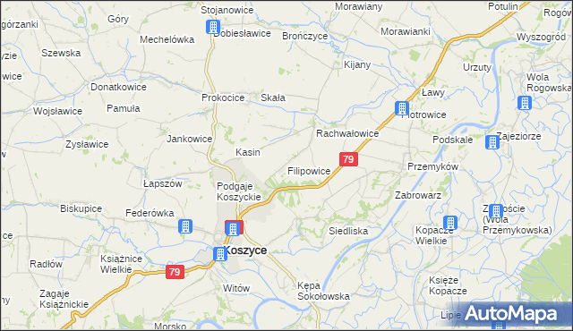 mapa Filipowice gmina Koszyce, Filipowice gmina Koszyce na mapie Targeo