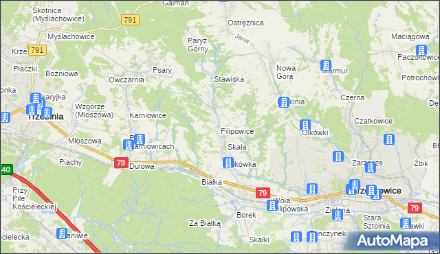 mapa Filipowice gmina Krzeszowice, Filipowice gmina Krzeszowice na mapie Targeo