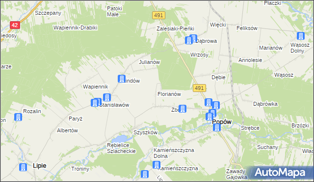 mapa Florianów gmina Popów, Florianów gmina Popów na mapie Targeo