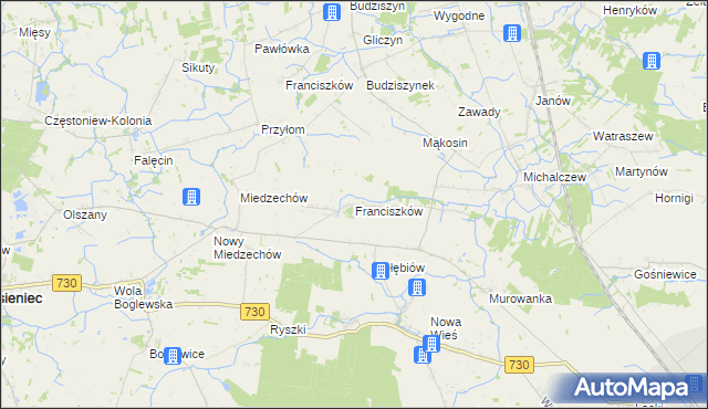 mapa Franciszków gmina Jasieniec, Franciszków gmina Jasieniec na mapie Targeo