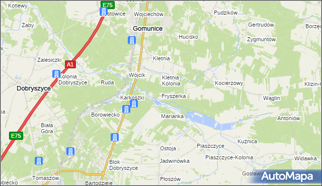 mapa Fryszerka gmina Gomunice, Fryszerka gmina Gomunice na mapie Targeo