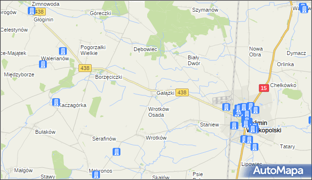 mapa Gałązki gmina Koźmin Wielkopolski, Gałązki gmina Koźmin Wielkopolski na mapie Targeo