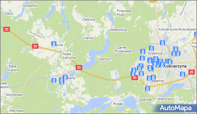 mapa Garczyn gmina Kościerzyna, Garczyn gmina Kościerzyna na mapie Targeo