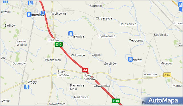 mapa Gęsice gmina Domaniów, Gęsice gmina Domaniów na mapie Targeo