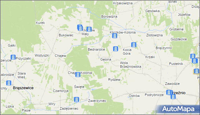 mapa Gęsina gmina Brzeźnio, Gęsina gmina Brzeźnio na mapie Targeo