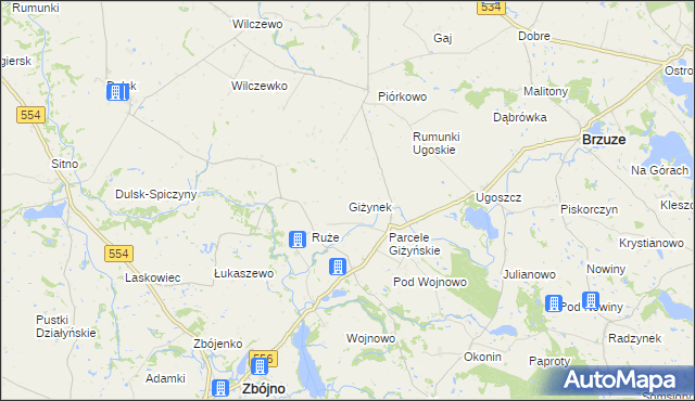 mapa Giżynek gmina Brzuze, Giżynek gmina Brzuze na mapie Targeo