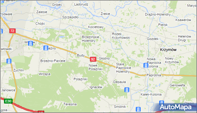 mapa Głodno gmina Krzymów, Głodno gmina Krzymów na mapie Targeo