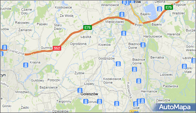 mapa Godziszów gmina Goleszów, Godziszów gmina Goleszów na mapie Targeo