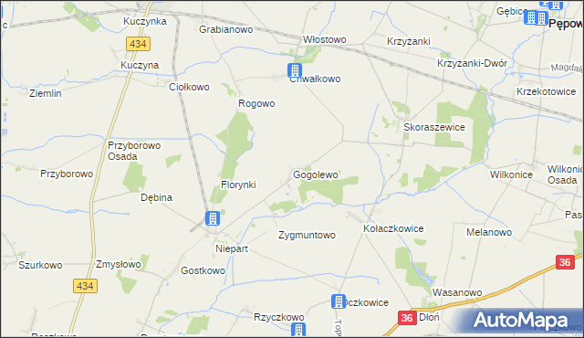 mapa Gogolewo gmina Krobia, Gogolewo gmina Krobia na mapie Targeo