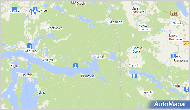 mapa Gołuń gmina Kościerzyna, Gołuń gmina Kościerzyna na mapie Targeo
