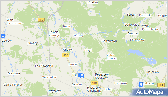 mapa Goryń gmina Widawa, Goryń gmina Widawa na mapie Targeo