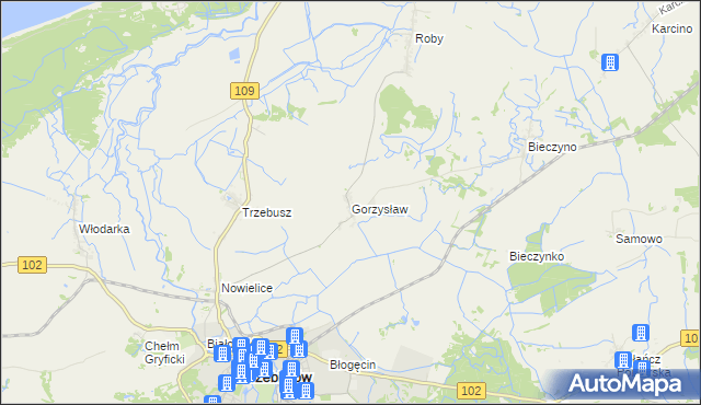 mapa Gorzysław gmina Trzebiatów, Gorzysław gmina Trzebiatów na mapie Targeo