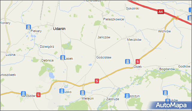 mapa Gościsław gmina Udanin, Gościsław gmina Udanin na mapie Targeo