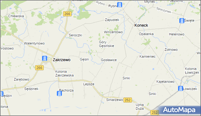 mapa Gosławice gmina Zakrzewo, Gosławice gmina Zakrzewo na mapie Targeo