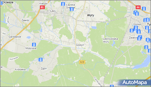 mapa Gostyń gmina Wyry, Gostyń gmina Wyry na mapie Targeo