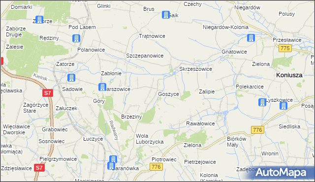 mapa Goszyce gmina Kocmyrzów-Luborzyca, Goszyce gmina Kocmyrzów-Luborzyca na mapie Targeo