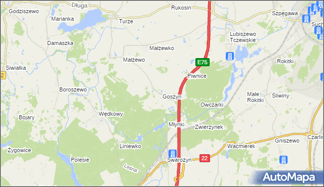 mapa Goszyn gmina Tczew, Goszyn gmina Tczew na mapie Targeo