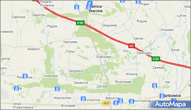 mapa Grabiszew gmina Wartkowice, Grabiszew gmina Wartkowice na mapie Targeo