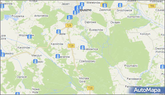 mapa Grabownica gmina Łopuszno, Grabownica gmina Łopuszno na mapie Targeo