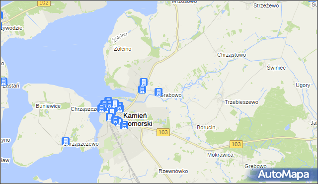 mapa Grabowo gmina Kamień Pomorski, Grabowo gmina Kamień Pomorski na mapie Targeo