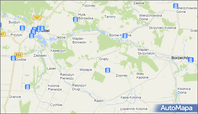 mapa Grądy gmina Chodel, Grądy gmina Chodel na mapie Targeo