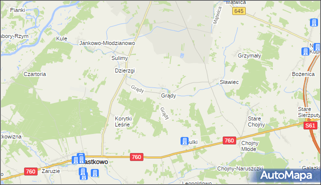 mapa Grądy gmina Nowogród, Grądy gmina Nowogród na mapie Targeo