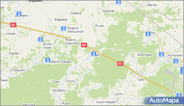 mapa Grądy gmina Wąsewo, Grądy gmina Wąsewo na mapie Targeo