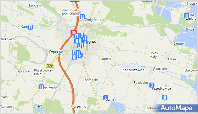 mapa Grądzik gmina Żmigród, Grądzik gmina Żmigród na mapie Targeo