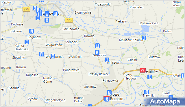 mapa Grębocin gmina Nowe Brzesko, Grębocin gmina Nowe Brzesko na mapie Targeo