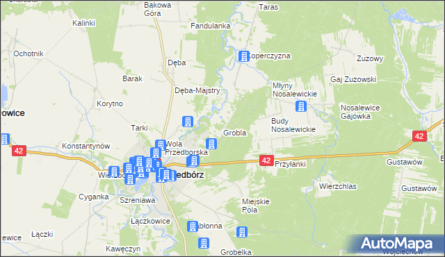 mapa Grobla gmina Przedbórz, Grobla gmina Przedbórz na mapie Targeo