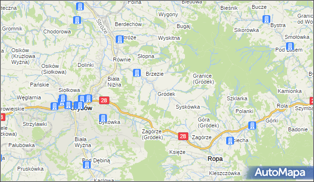 mapa Gródek gmina Grybów, Gródek gmina Grybów na mapie Targeo