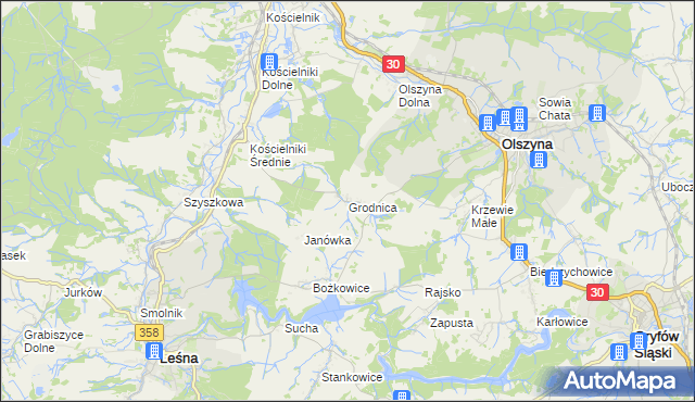 mapa Grodnica gmina Olszyna, Grodnica gmina Olszyna na mapie Targeo