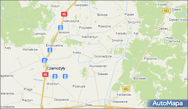 mapa Gromadzice gmina Czarnożyły, Gromadzice gmina Czarnożyły na mapie Targeo