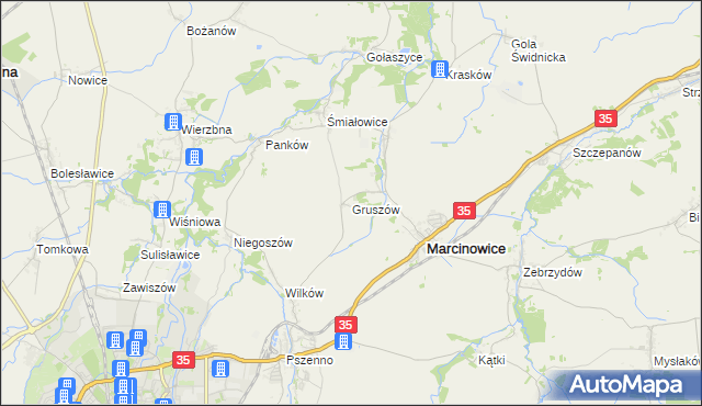mapa Gruszów gmina Marcinowice, Gruszów gmina Marcinowice na mapie Targeo