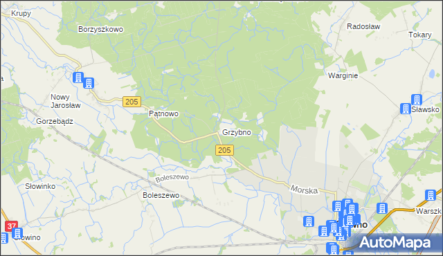 mapa Grzybno gmina Sławno, Grzybno gmina Sławno na mapie Targeo