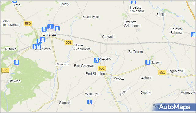 mapa Grzybno gmina Unisław, Grzybno gmina Unisław na mapie Targeo