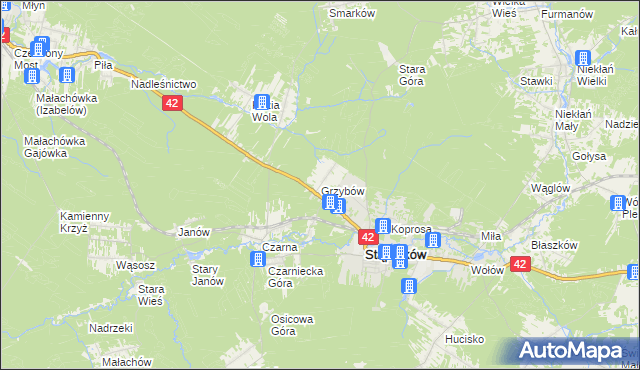 mapa Grzybów gmina Stąporków, Grzybów gmina Stąporków na mapie Targeo