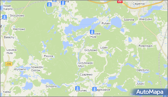 mapa Grzybowo gmina Kościerzyna, Grzybowo gmina Kościerzyna na mapie Targeo