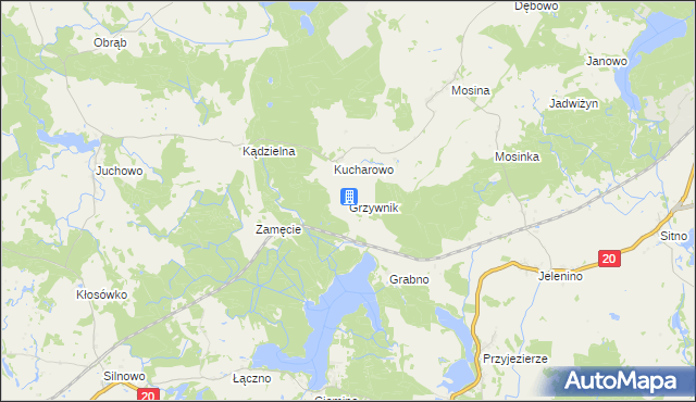 mapa Grzywnik gmina Borne Sulinowo, Grzywnik gmina Borne Sulinowo na mapie Targeo