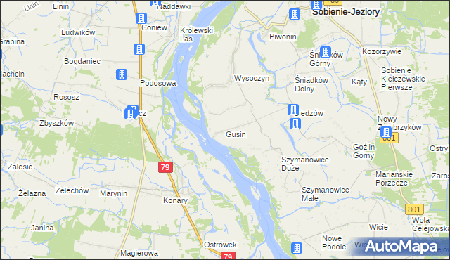 mapa Gusin gmina Sobienie-Jeziory, Gusin gmina Sobienie-Jeziory na mapie Targeo