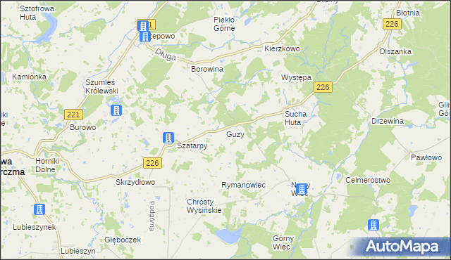 mapa Guzy gmina Nowa Karczma, Guzy gmina Nowa Karczma na mapie Targeo