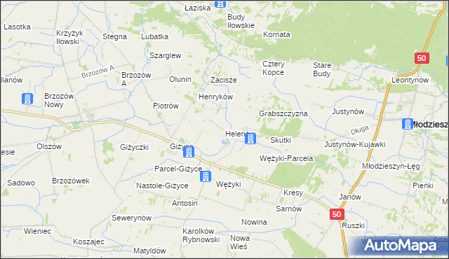 mapa Helenów gmina Młodzieszyn, Helenów gmina Młodzieszyn na mapie Targeo