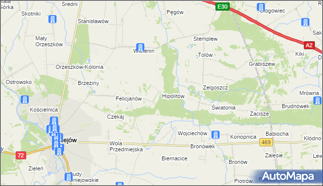 mapa Hipolitów gmina Uniejów, Hipolitów gmina Uniejów na mapie Targeo