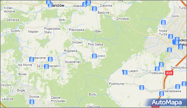 mapa Hucisko gmina Głogów Małopolski, Hucisko gmina Głogów Małopolski na mapie Targeo