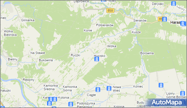 mapa Hucisko gmina Harasiuki, Hucisko gmina Harasiuki na mapie Targeo