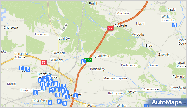 mapa Ignacówka gmina Jędrzejów, Ignacówka gmina Jędrzejów na mapie Targeo