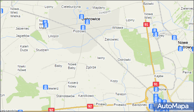 mapa Iwiny gmina Dąbrowice, Iwiny gmina Dąbrowice na mapie Targeo