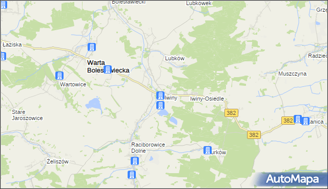 mapa Iwiny gmina Warta Bolesławiecka, Iwiny gmina Warta Bolesławiecka na mapie Targeo